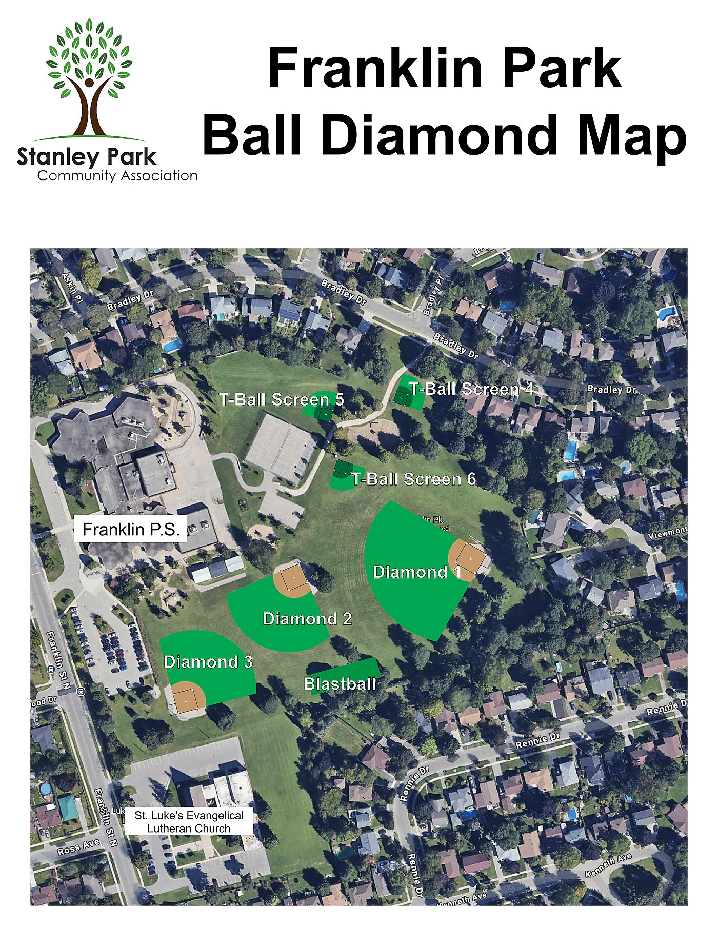 Franklin Park Ball Diamond Map showing Diamond 1, Diamond 2, Diamond 3, T-Ball Screen 4, T-Ball Screen 5, T-Ball Screen 6, and Blastball field